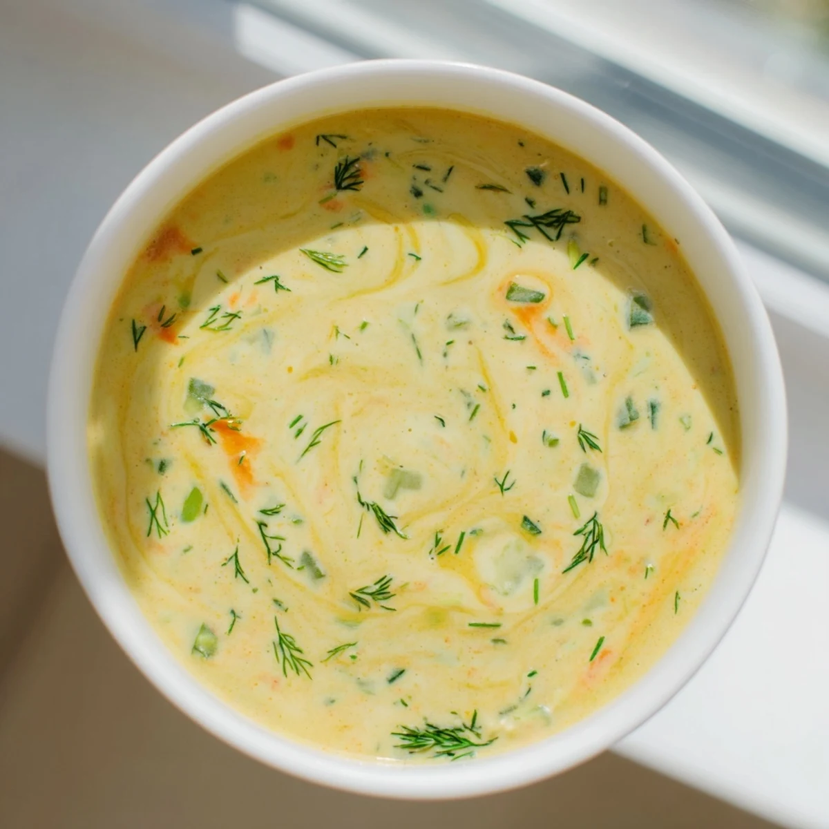 Homemade creamy spring vegetable soup showcasing tender seasonal vegetables blended into a rich, comforting texture
