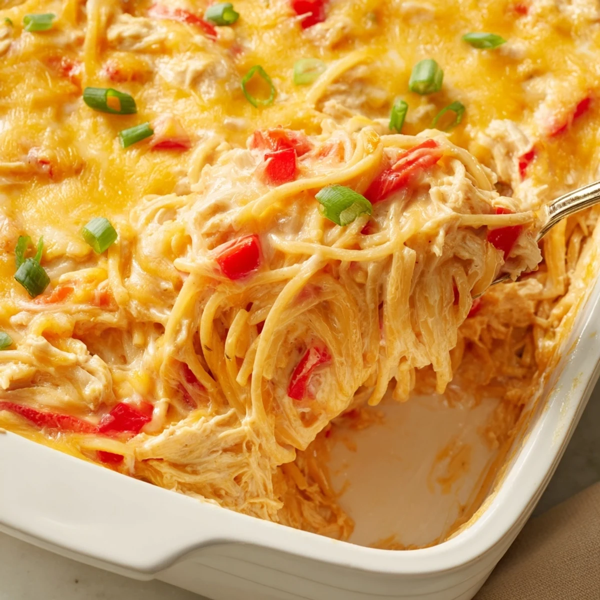 Golden baked Monterey Chicken Spaghetti casserole with melted cheese topping and fresh green onions