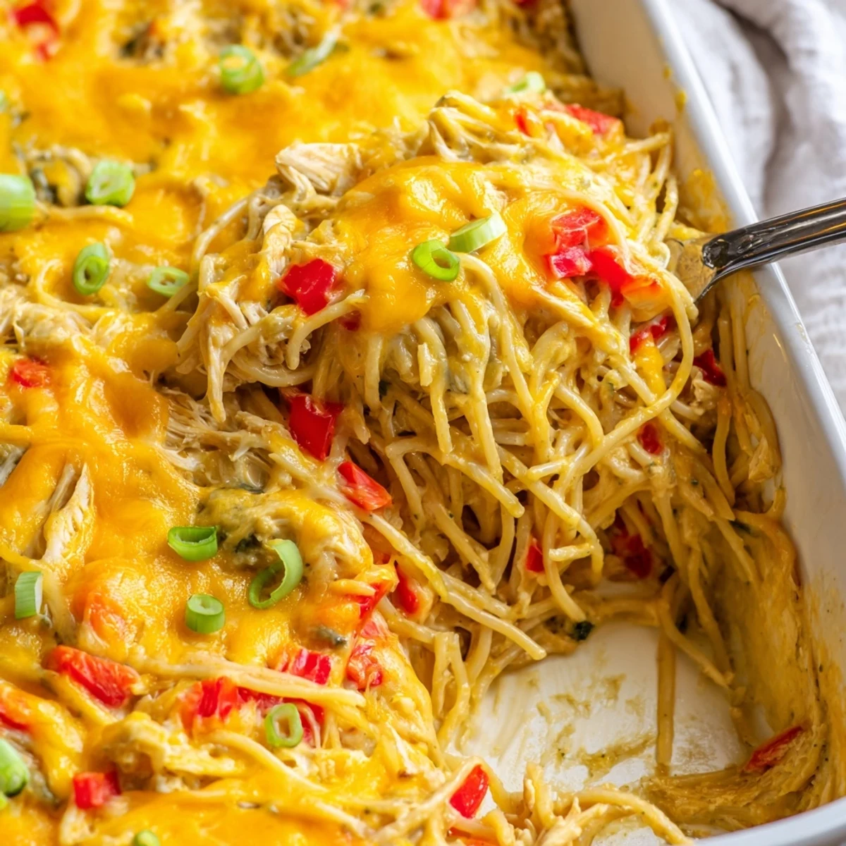 Creamy Monterey Jack cheese sauce coats spaghetti and tender chicken in this bubbling comfort food casserole