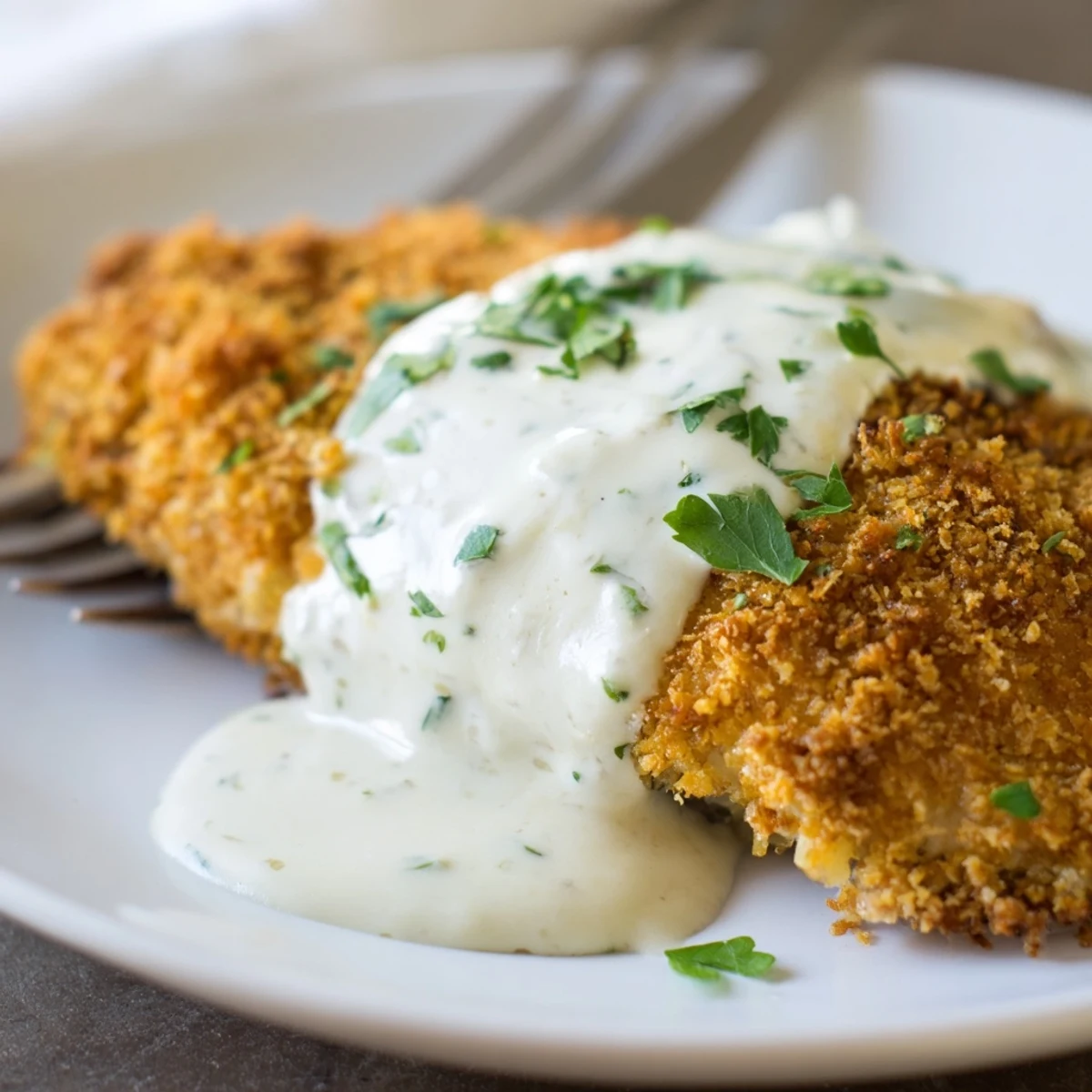 Juicy baked chicken topped with crispy Parmesan coating alongside a velvety white garlic sauce garnished with fresh parsley