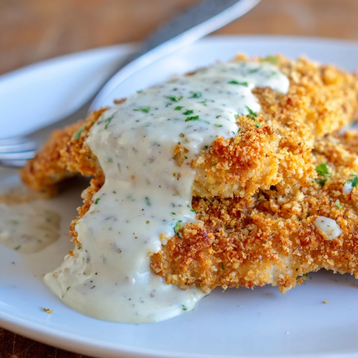 Golden brown Parmesan crusted chicken breasts drizzled with rich creamy garlic sauce on a white plate