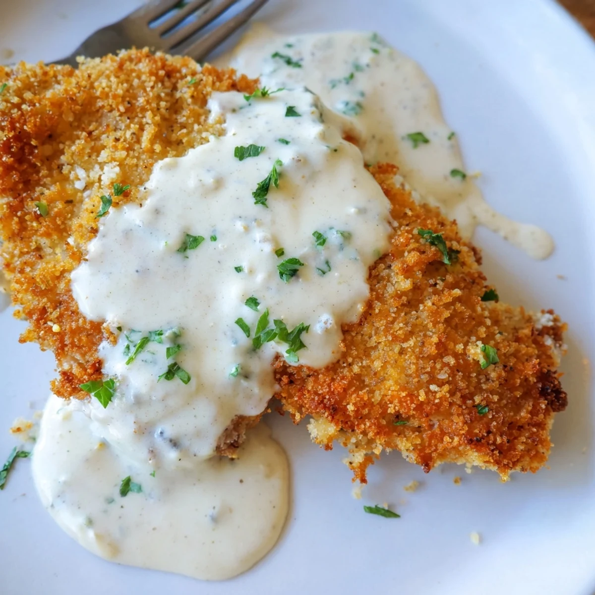 Sliced Parmesan crusted chicken breast plated with warm garlic cream sauce and a sprinkle of green herbs