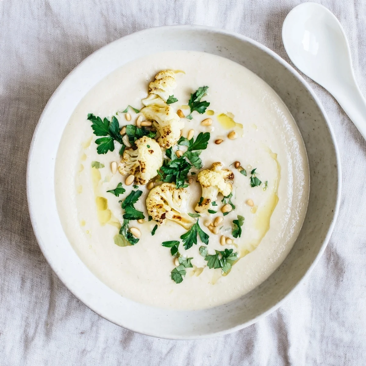 Creamy Mediterranean cauliflower soup garnished with fresh parsley and toasted pine nuts