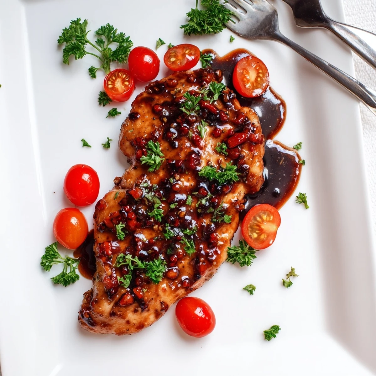 Golden brown balsamic baked chicken breast glistening with tangy caramelized glaze on a white serving plate