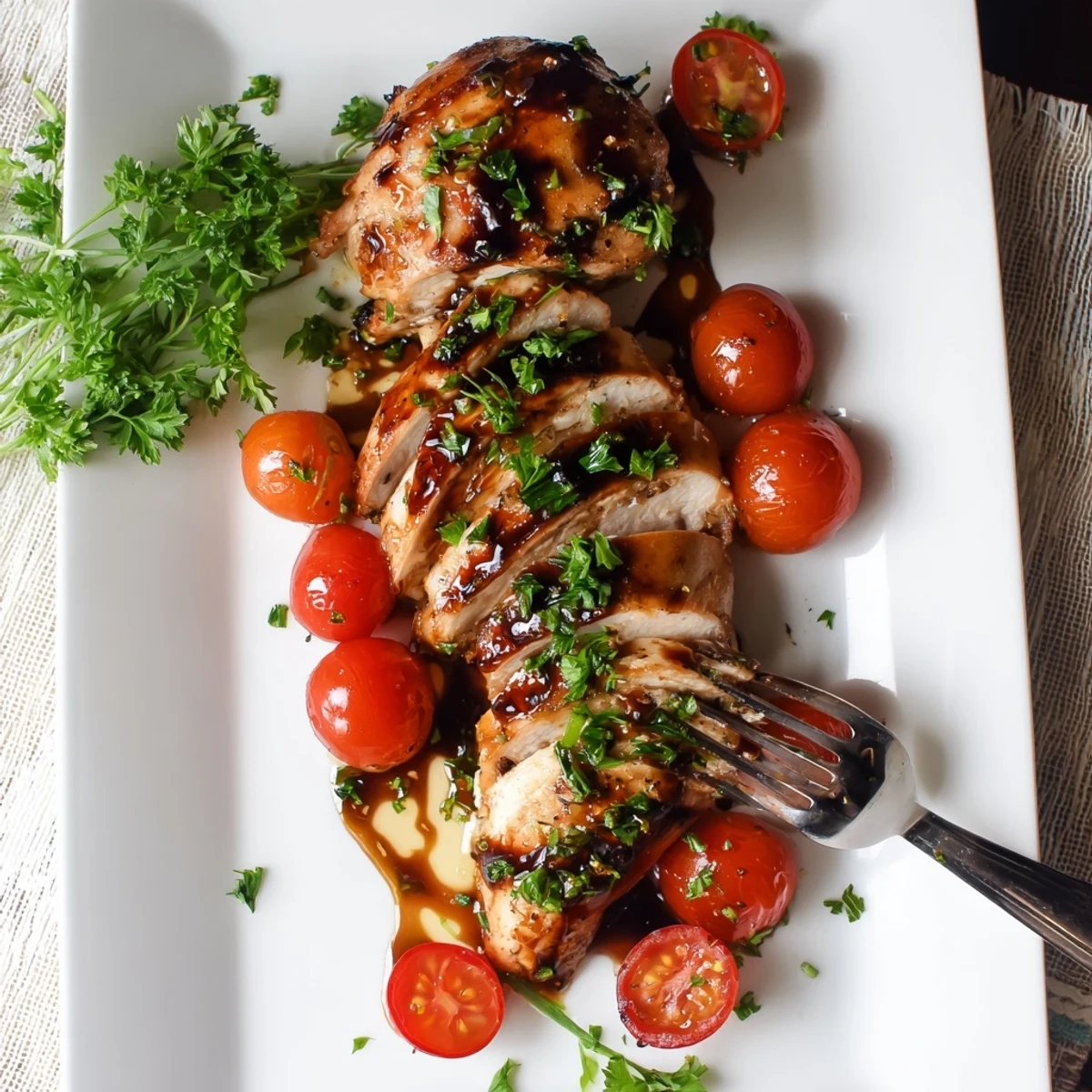 Whole baked chicken breast brushed with rich balsamic honey glaze garnished with fresh parsley and cherry tomatoes