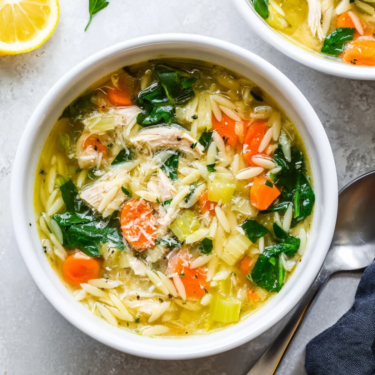 Bowl of bright lemon chicken orzo soup garnished with fresh parsley and grated parmesan cheese