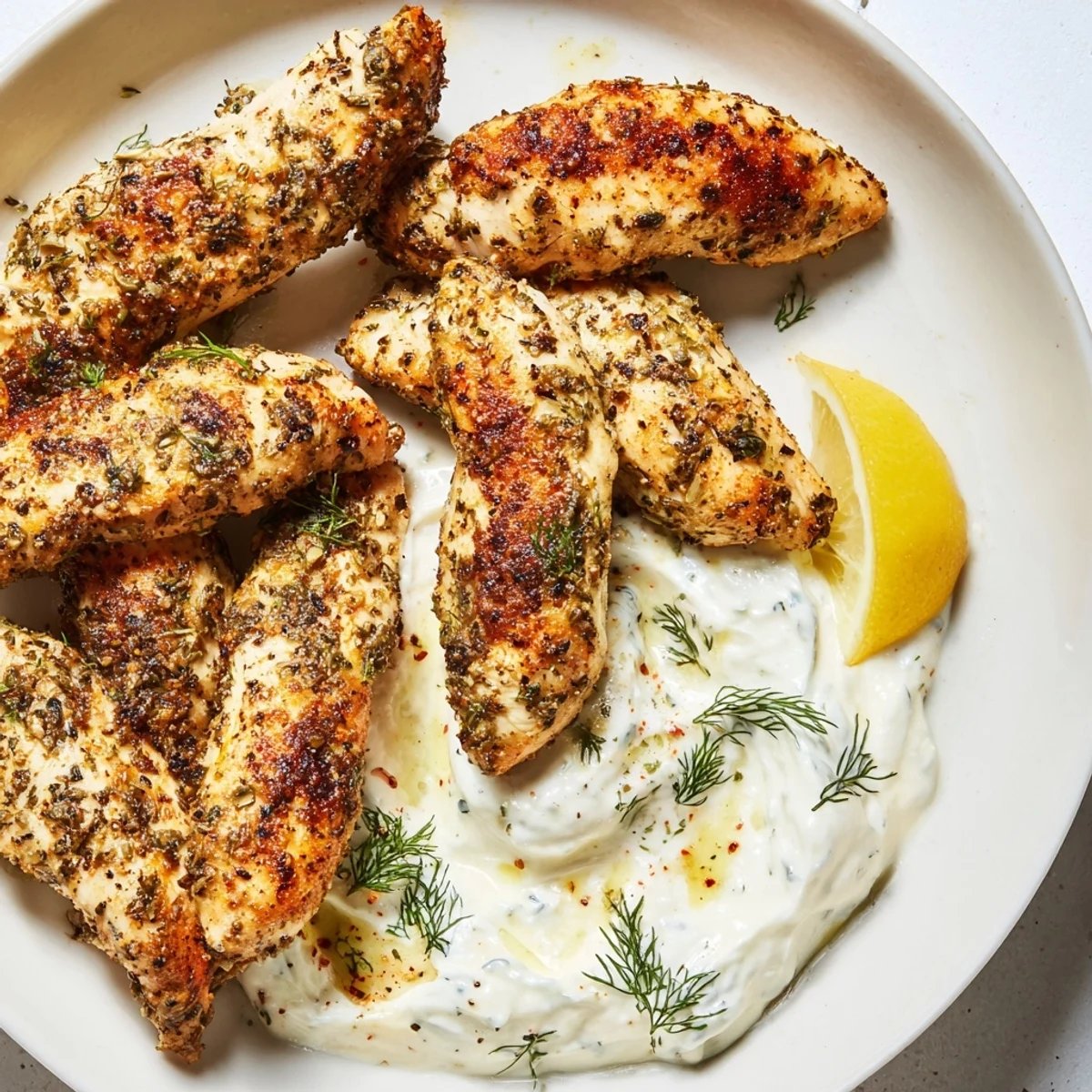 Golden pan-seared Mediterranean chicken tenders served with creamy lemon garlic yogurt dip