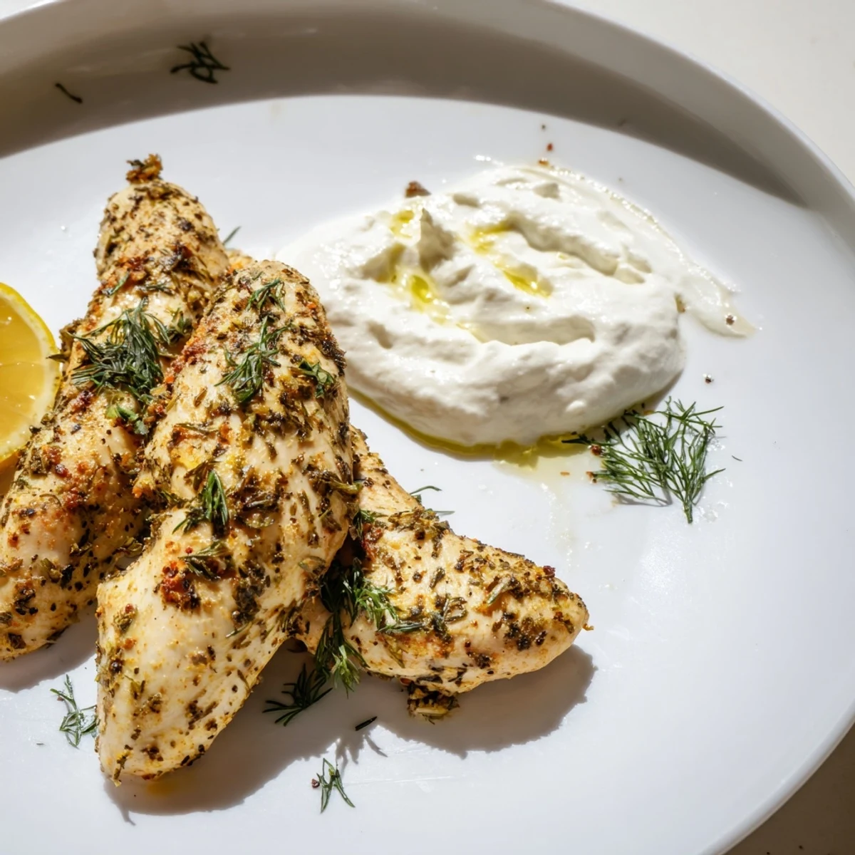 Juicy herb-marinated chicken tenders garnished with fresh parsley and lemon wedges on platter