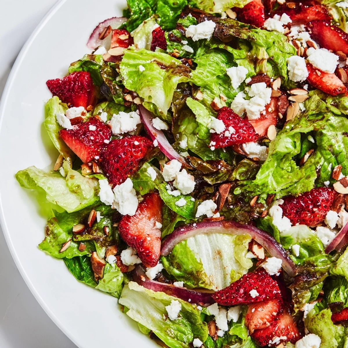 Fresh crunchy strawberry romaine feta salad bowl with toasted almonds and light balsamic dressing