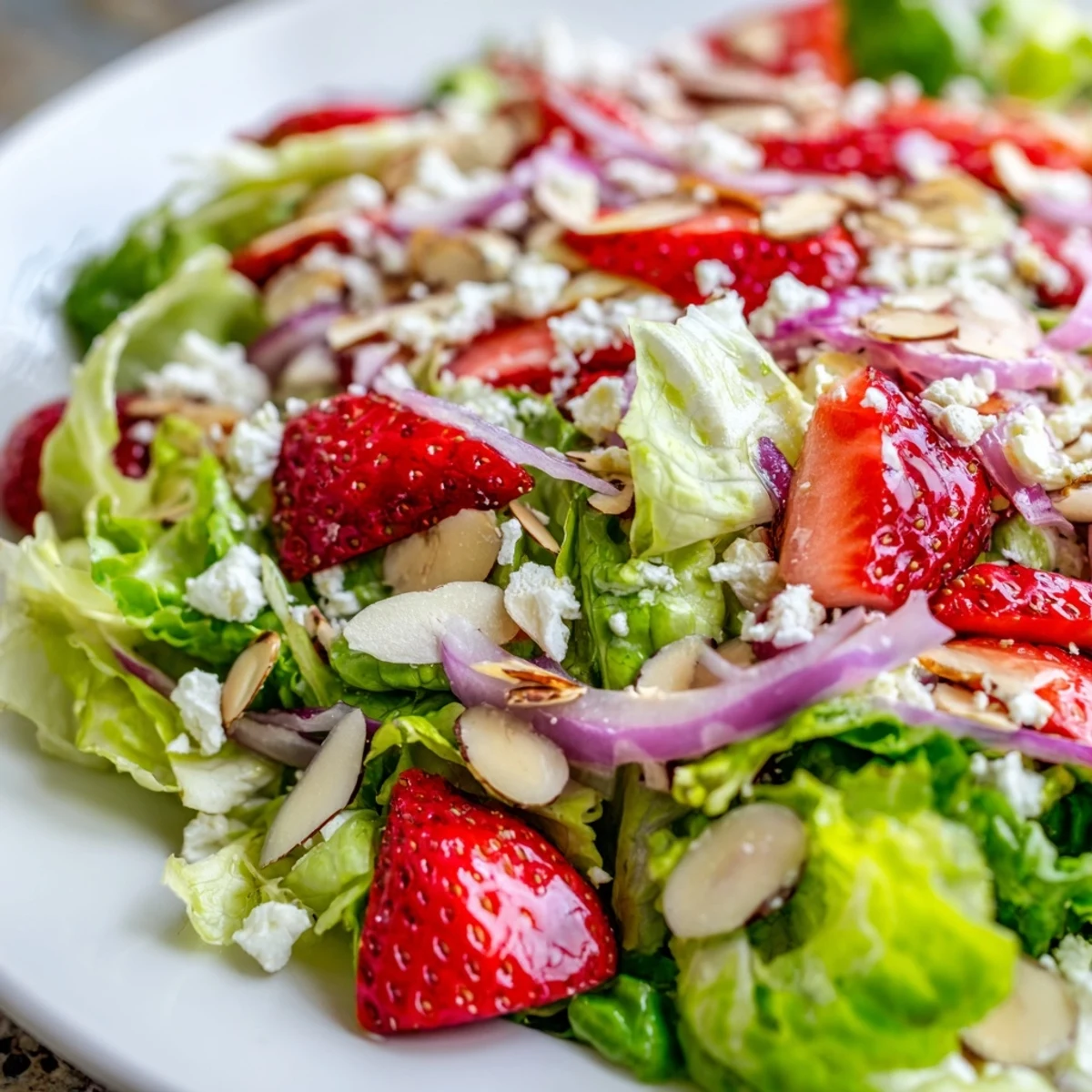 Colorful strawberry romaine feta salad topped with creamy cheese and crispy sliced almonds in white bowl