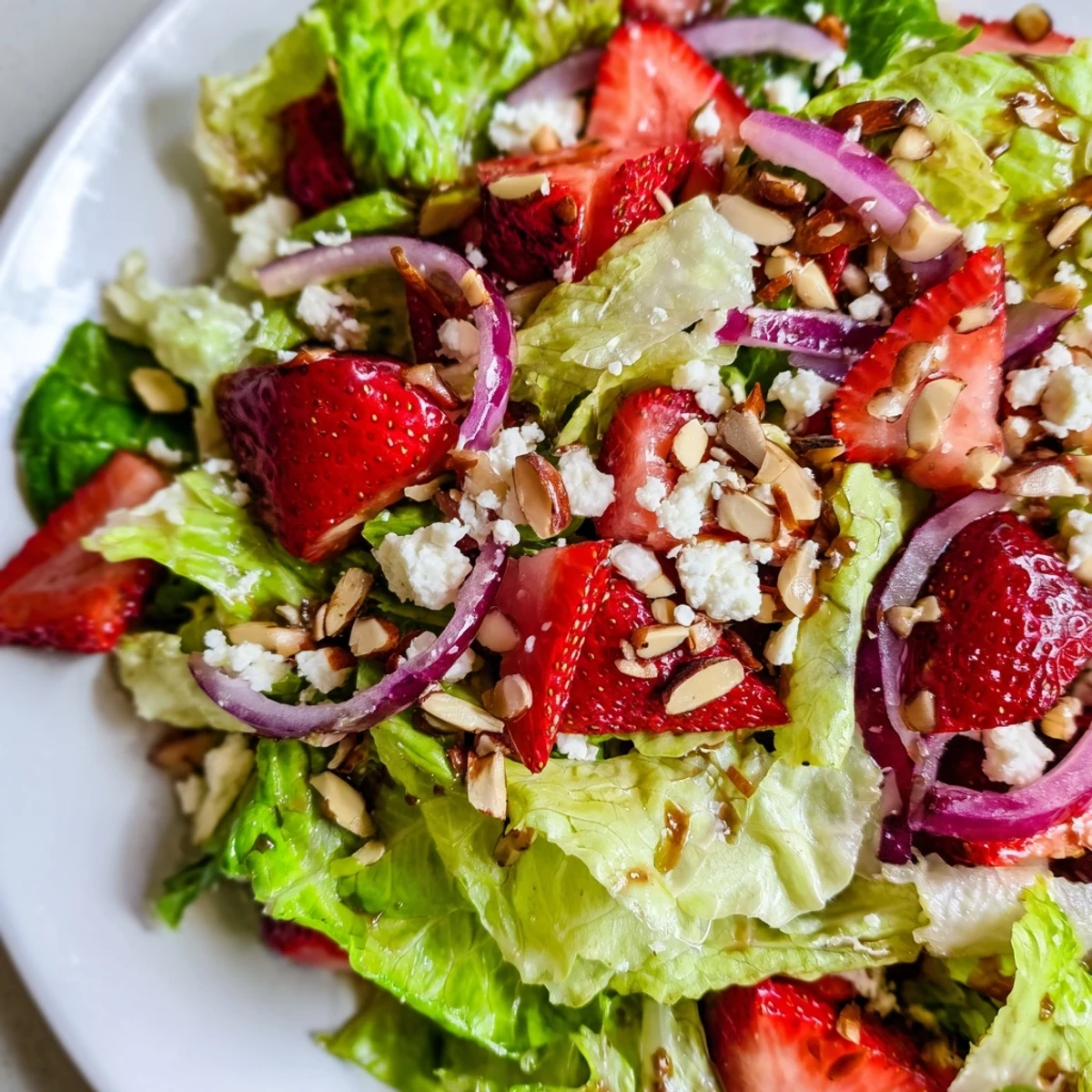 Vibrant layered salad featuring crisp romaine, sweet strawberries, tangy feta crumbles, and golden toasted nuts