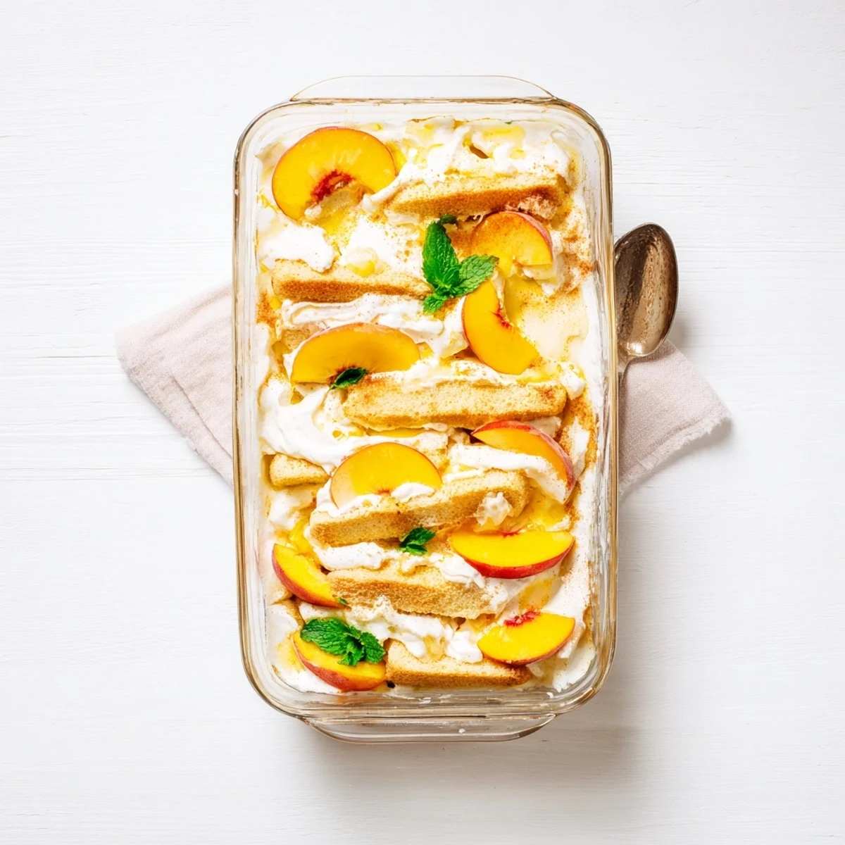 Golden peach tiramisu layered with sweet sliced peaches and fluffy mascarpone cream in a glass serving dish