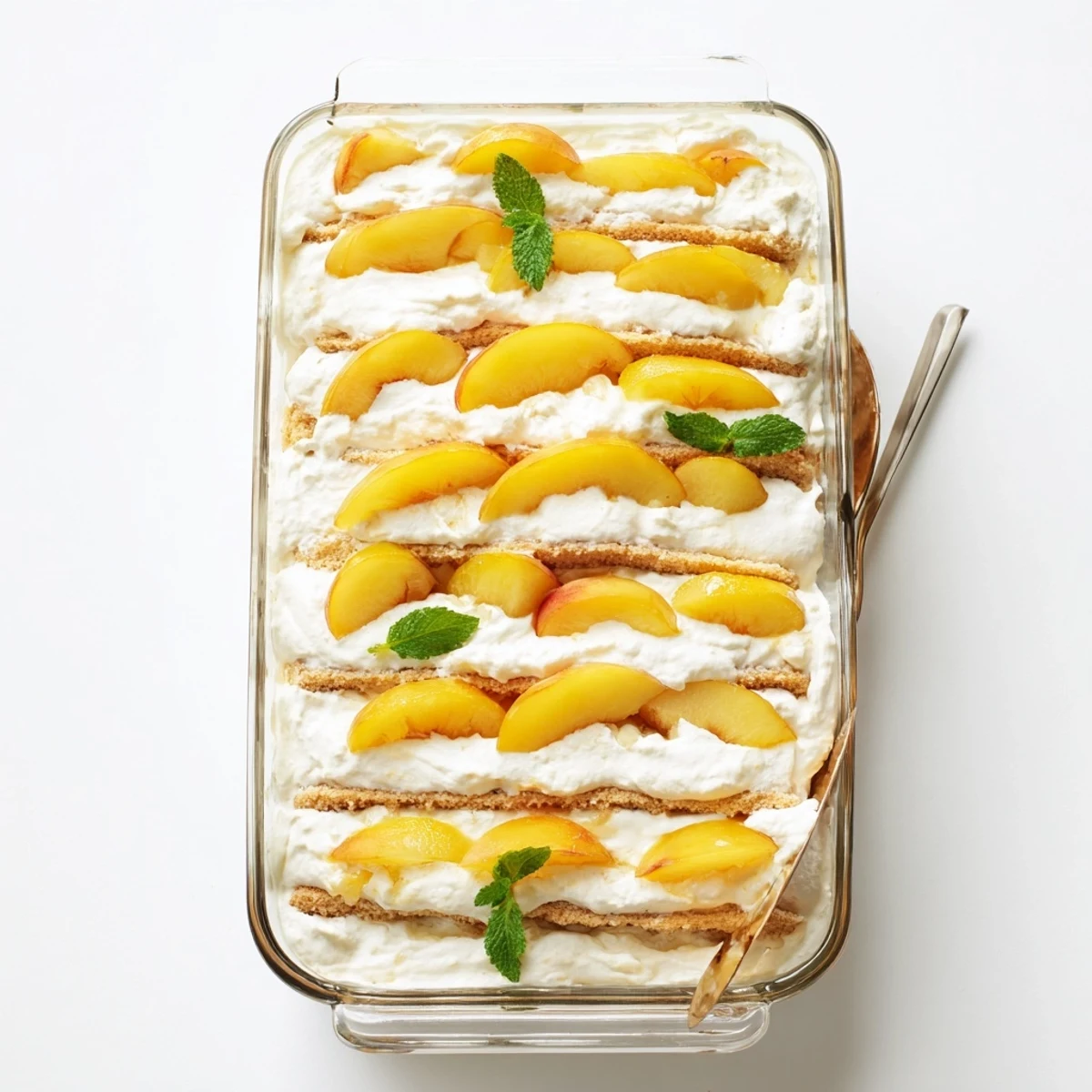 Creamy peach tiramisu dessert featuring juicy ripe peaches arranged over delicate ladyfingers in a layered trifle