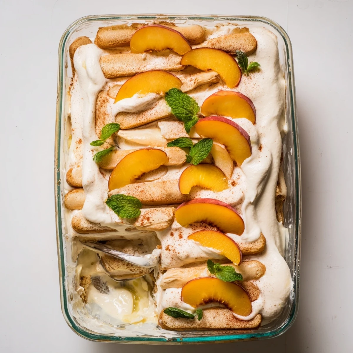 Summer peach tiramisu with fresh peach slices and mint garnish atop white creamy mascarpone layers