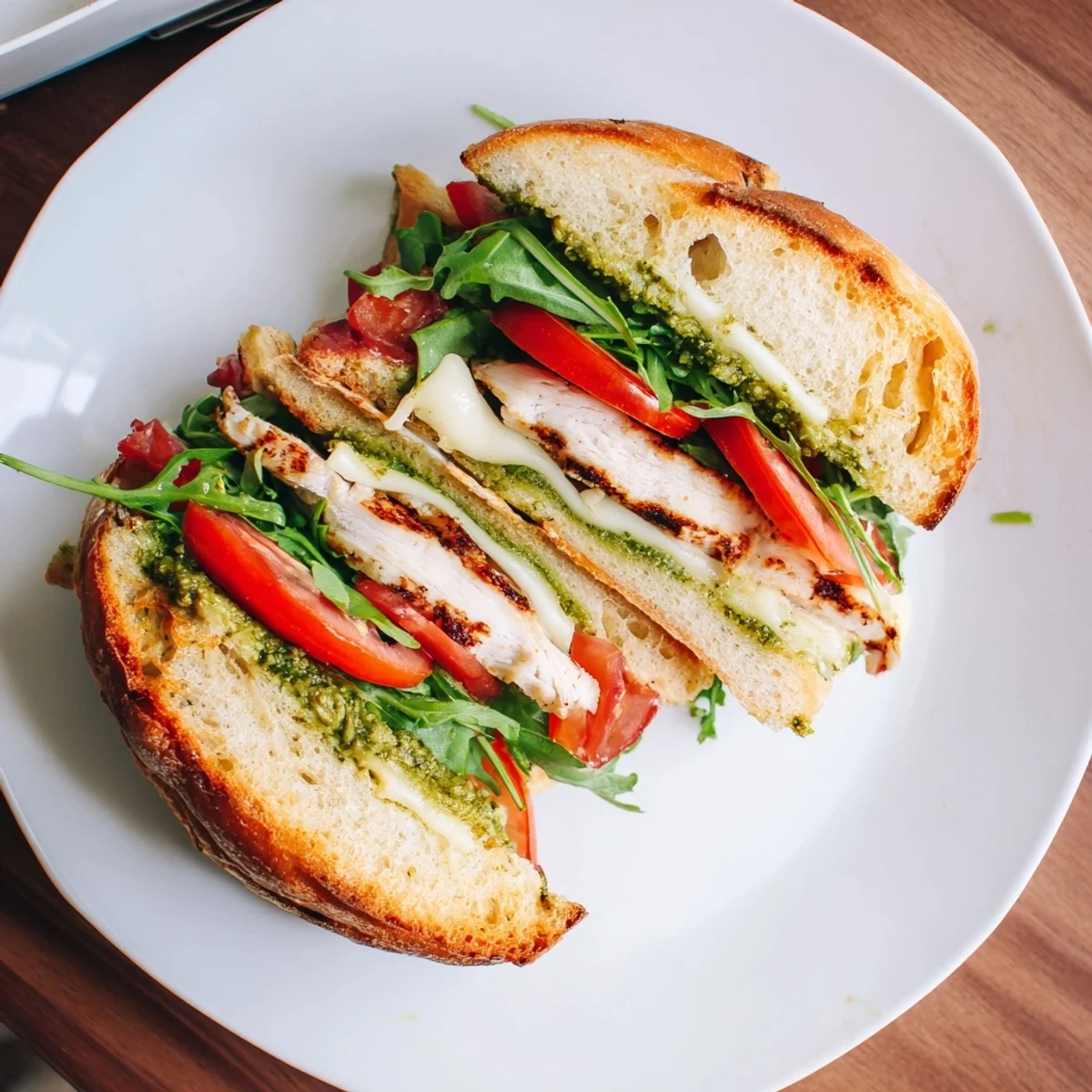 Grilled chicken pesto sandwich layered with mozzarella, tomato, and arugula on toasted ciabatta bread