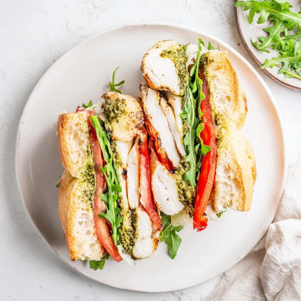Golden chicken cutlets topped with basil pesto and melted cheese in a hearty Italian-American sandwich