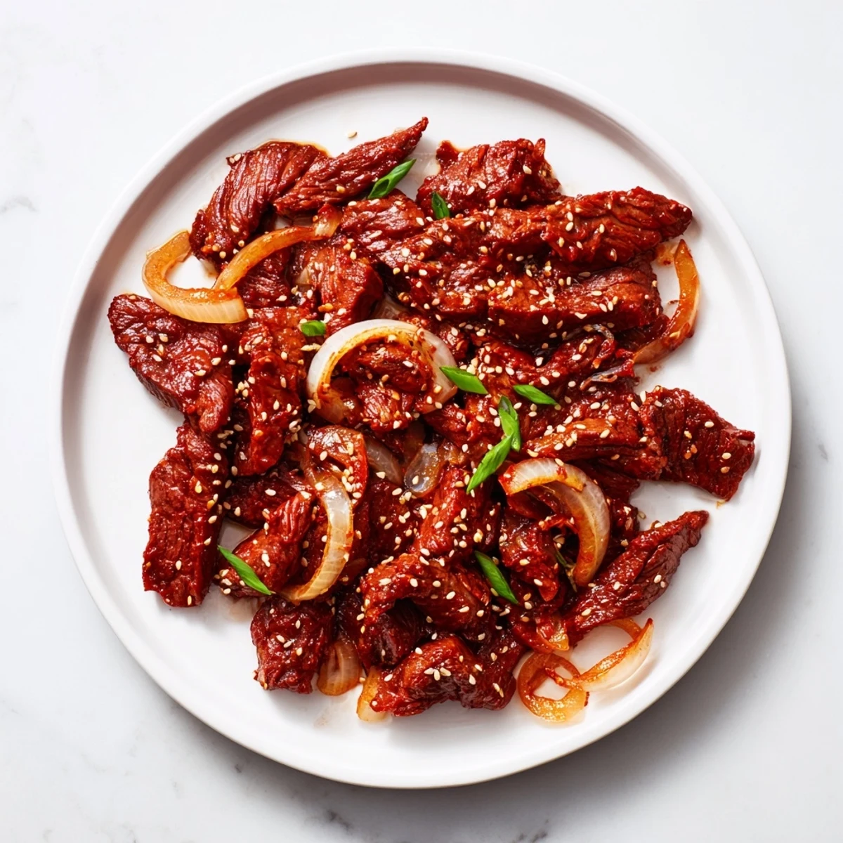 Tender beef chuck roast slow-cooked for hours in savory Korean gochujang sauce with sesame seed garnish