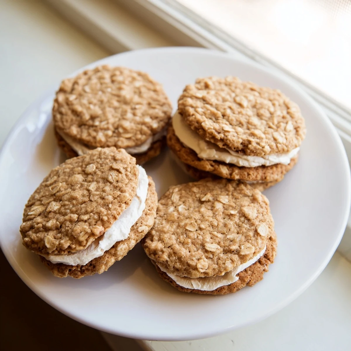 Soft homemade oatmeal cream pies with fluffy vanilla frosting sandwiched between golden brown cookies