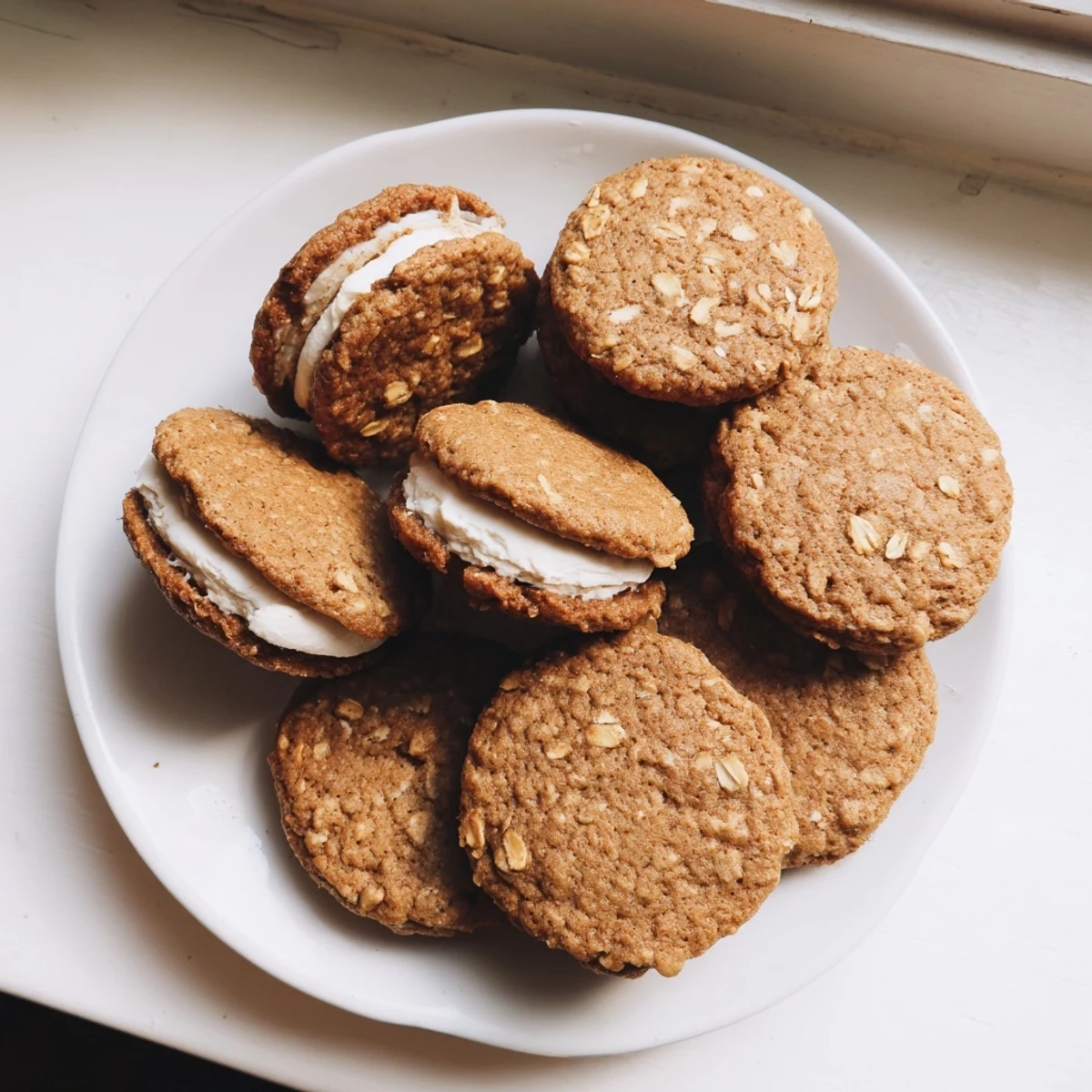 Chewy oatmeal cookies filled with sweet vanilla cream arranged on a rustic wooden serving board