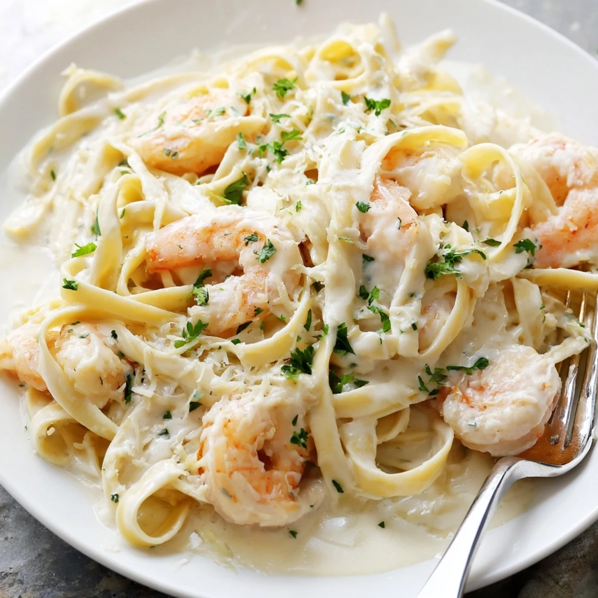 Creamy shrimp fettuccine pasta with homemade Alfredo sauce garnished with fresh parsley