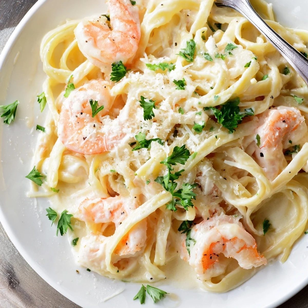Golden shrimp tossed in rich white Alfredo sauce over perfectly cooked fettuccine noodles
