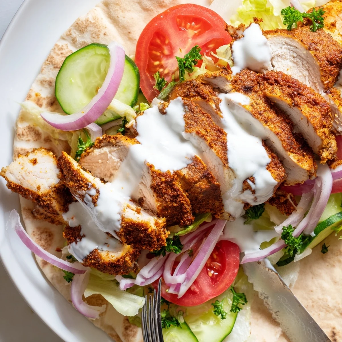 Golden spiced chicken shawarma slices piled in warm pita with fresh vegetables and creamy white garlic sauce drizzled on top