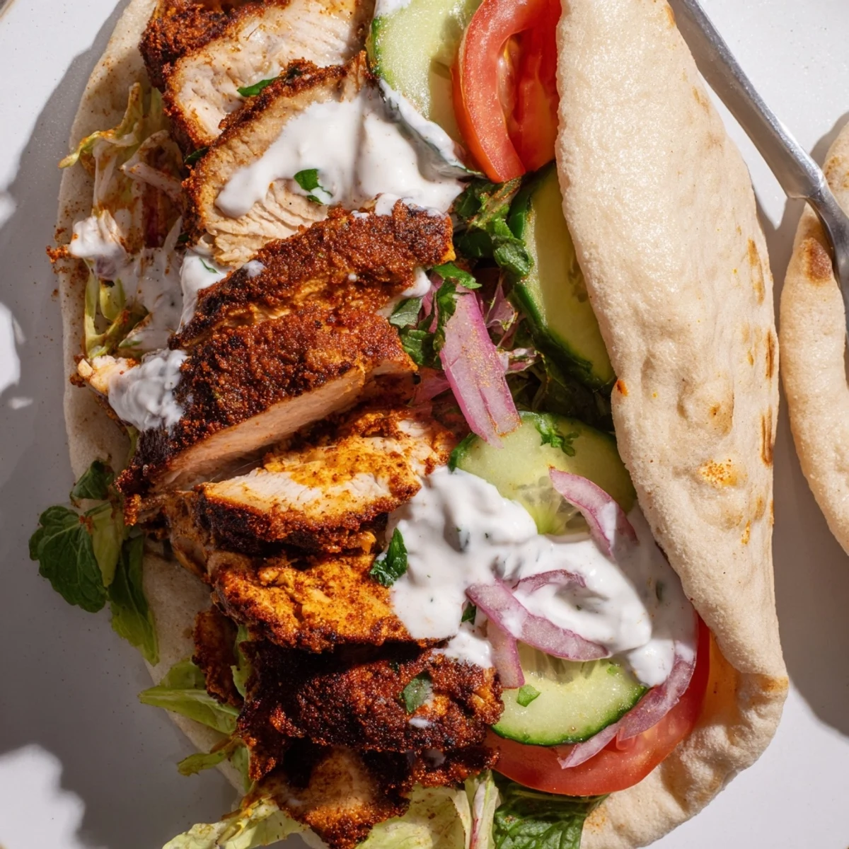 Tender marinated chicken shawarma roasted with Middle Eastern spices and wrapped in soft flatbread with crisp lettuce and tangy sauce