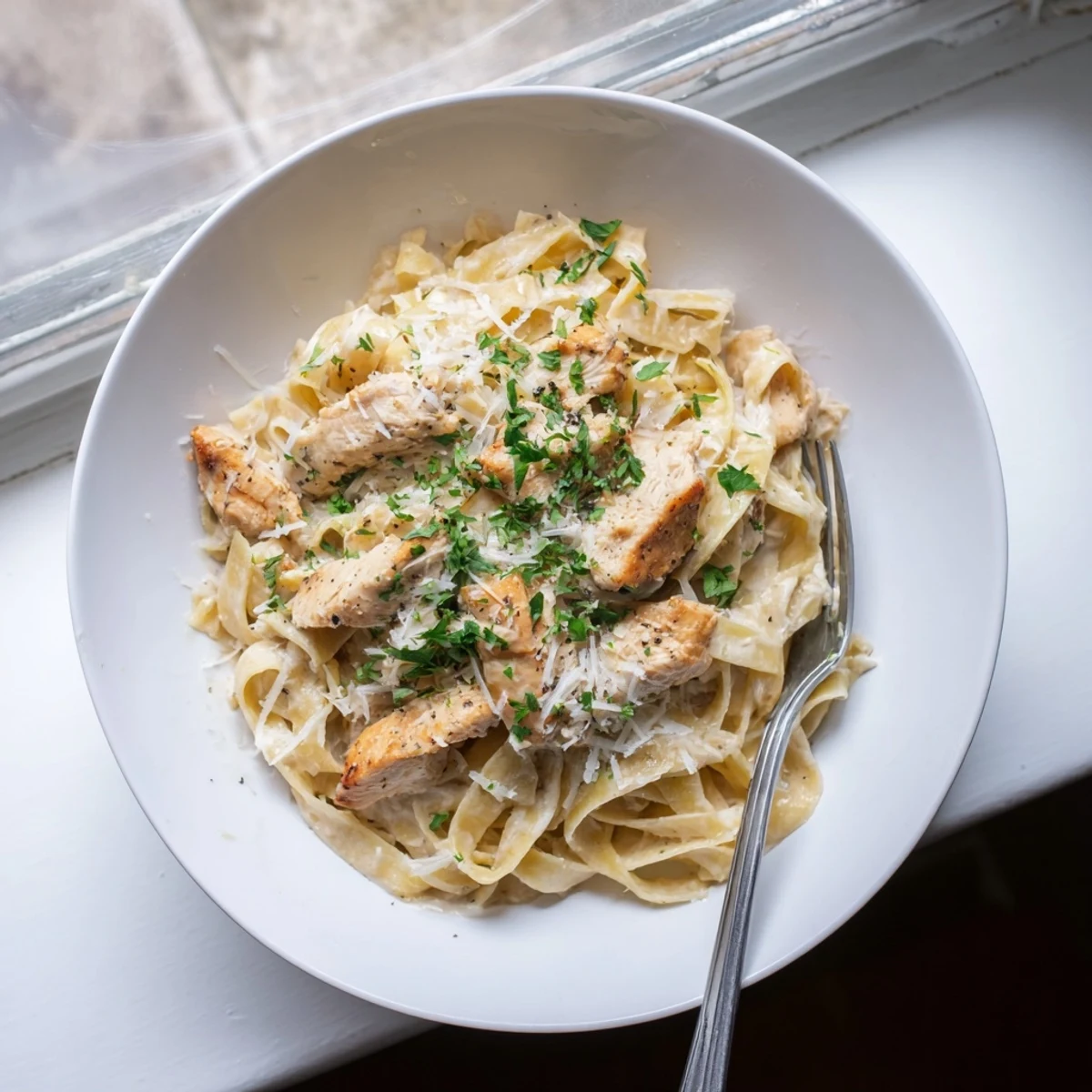 Golden brown chicken strips atop a bed of chicken alfredo pasta with white cream sauce and fresh parsley garnish