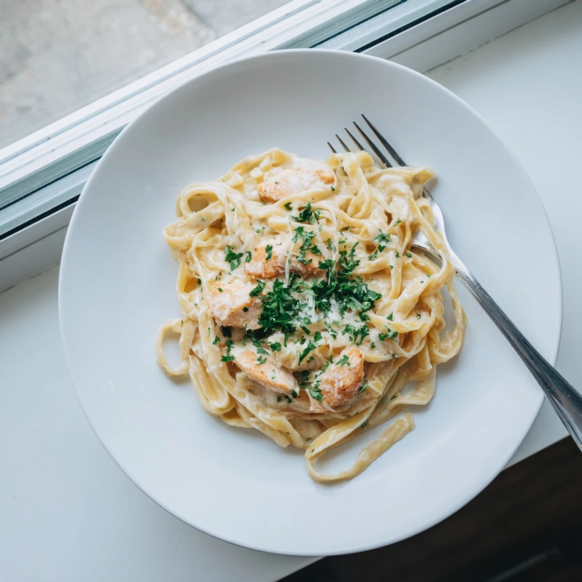 Creamy chicken alfredo pasta featuring sliced chicken breast over fettuccine noodles coated in rich Parmesan sauce