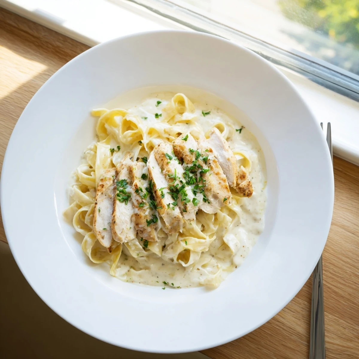 Steaming plate of chicken alfredo pasta showcasing tender fettuccine tossed with buttery garlic Parmesan sauce and juicy chicken