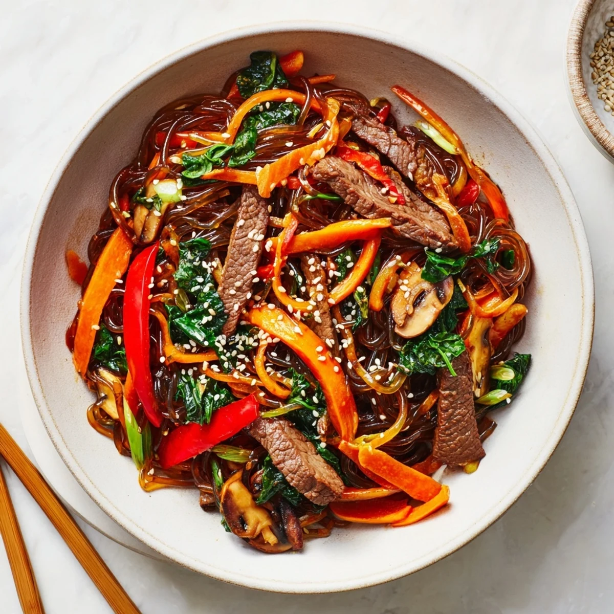 Garnished Korean beef noodles with sesame seeds and fresh herbs showcasing tender beef, vibrant peppers, and slippery noodles in a glossy red sauce