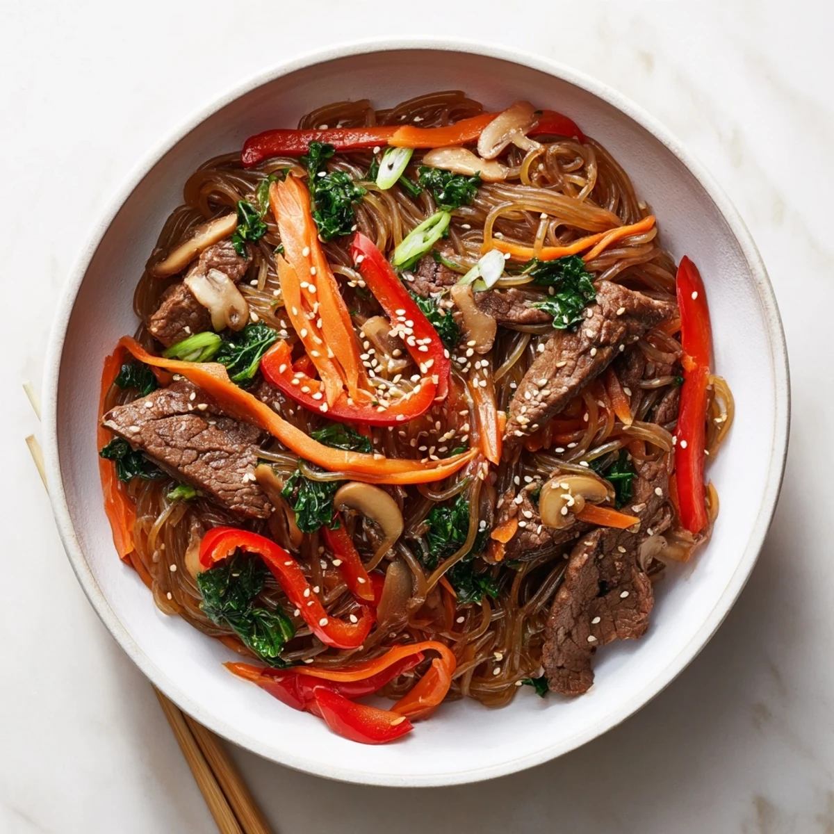 Steaming bowl of Korean beef noodles featuring tender beef slices, colorful vegetables, and chewy sweet potato noodles coated in savory-sweet gochujang sauce
