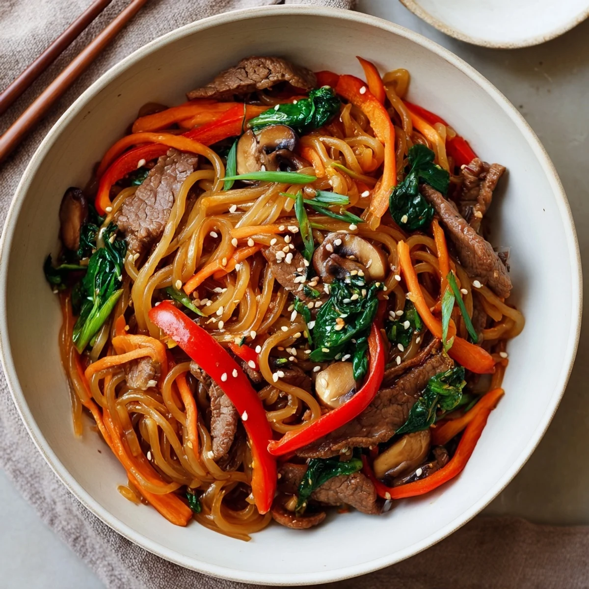 Close-up of Korean beef noodles with marinated beef, julienned carrots, mushrooms, and spring onions tossed in a rich spicy-sweet glaze