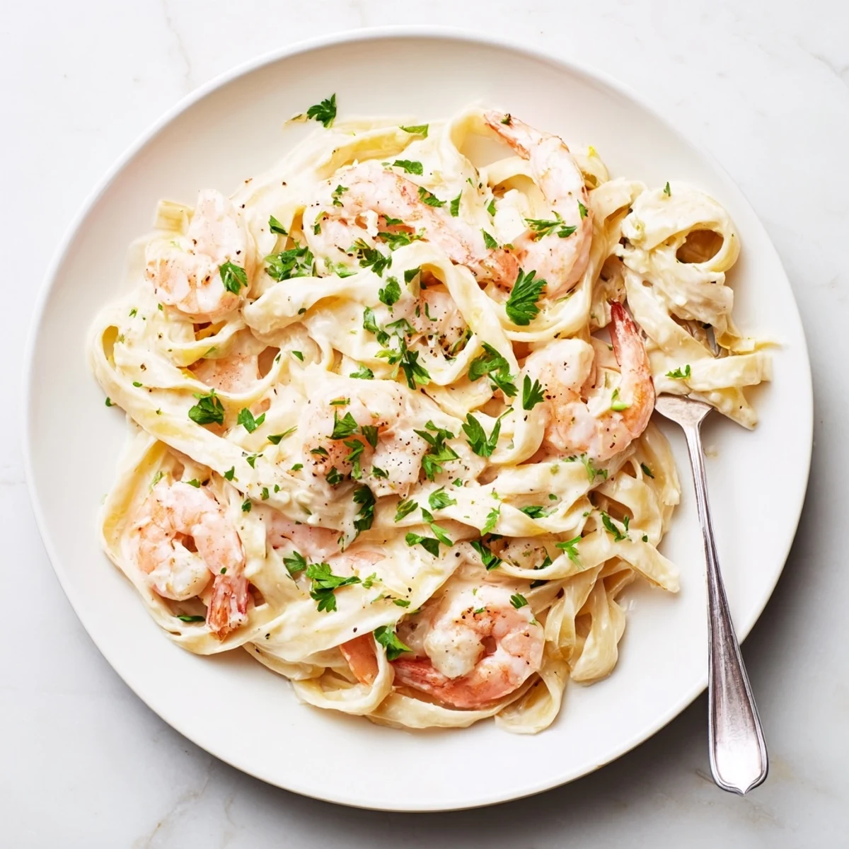 Creamy one pan shrimp fettuccine Alfredo with tender pink shrimp and garlic Parmesan sauce