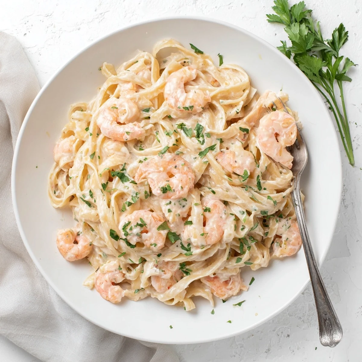 Savory Italian shrimp Alfredo pasta cooked in single skillet with melted cheese coating noodles