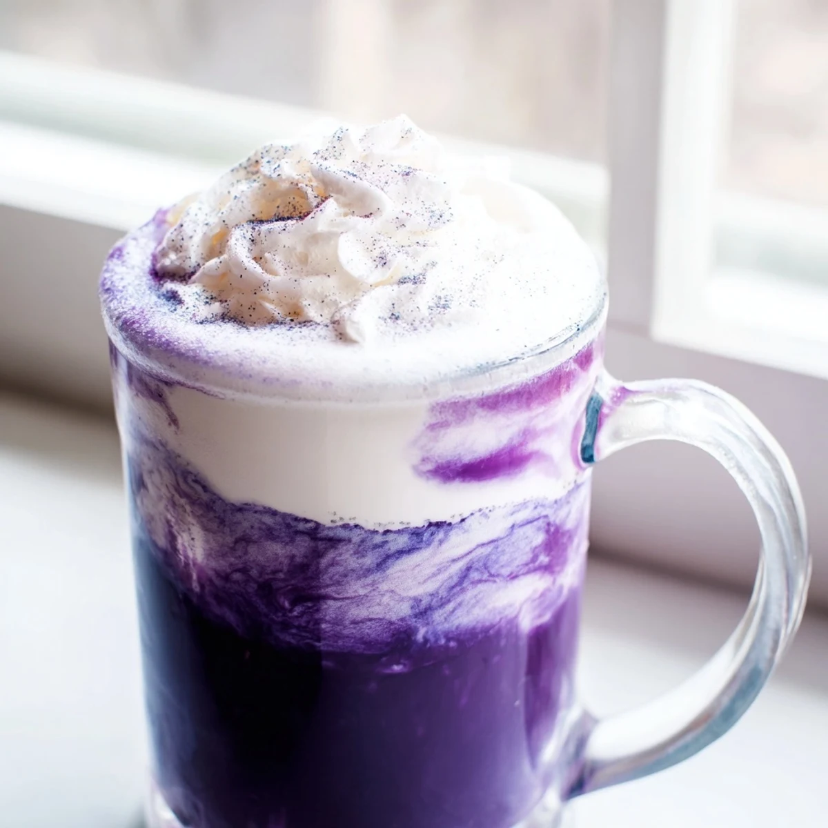 Vibrant purple ube latte topped with whipped cream and purple yam flakes in a clear glass