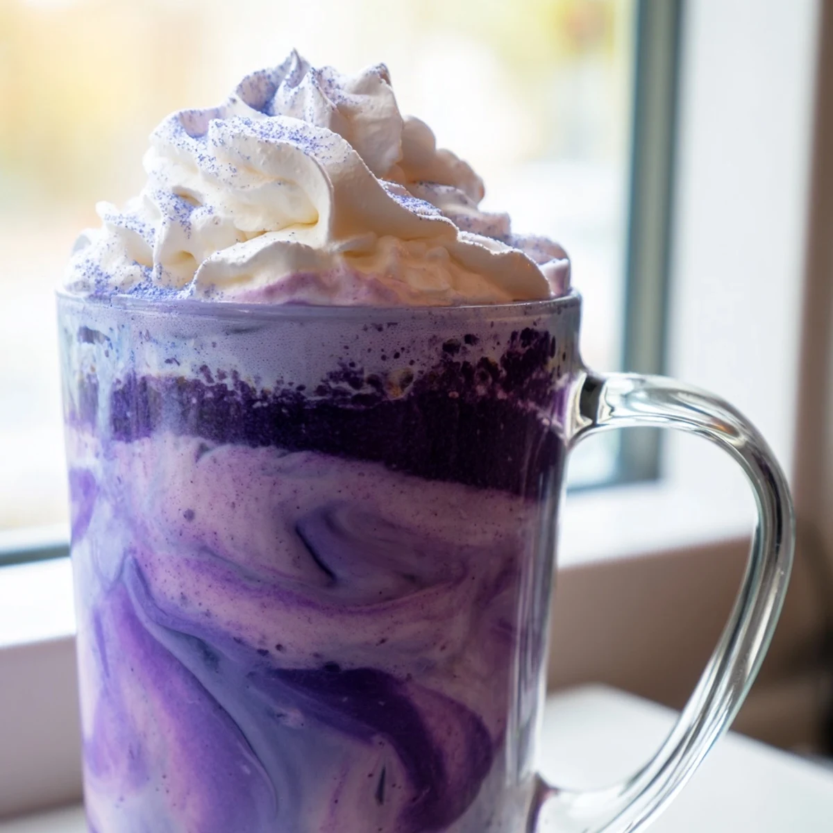 Creamy Filipino ube latte with swirled purple espresso and steamed milk, dusted with ube powder