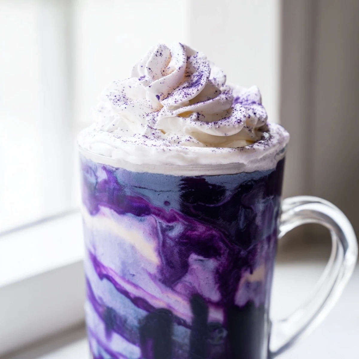 Hot ube latte showcasing rich purple hue, smooth microfoam, and espresso marbling in a ceramic mug