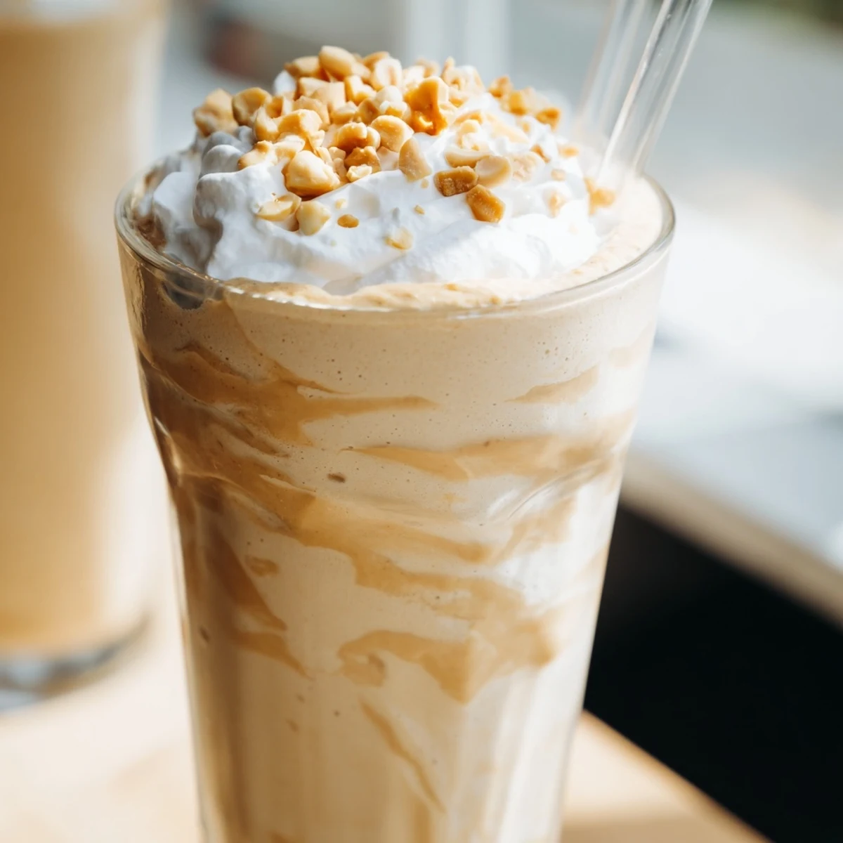 Tall glass filled with creamy Five Guys-style peanut butter milkshake topped with whipped cream and crushed peanuts
