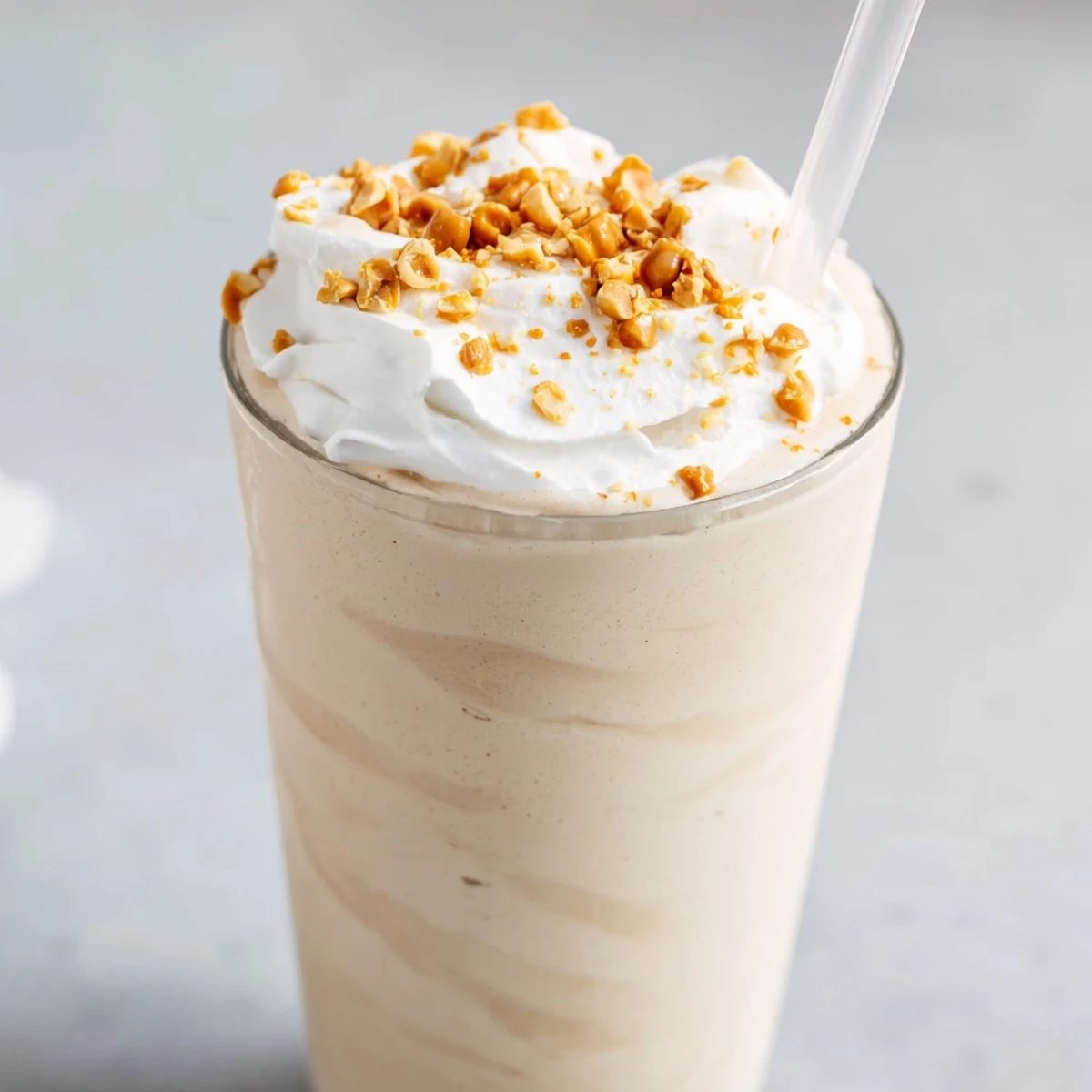 Thick vanilla ice cream and peanut butter milkshake served in a chilled glass with chocolate syrup drizzle