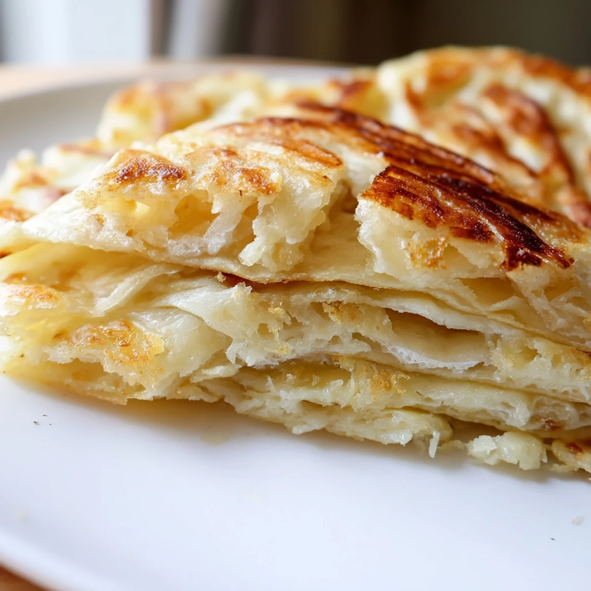 Hand-stretched Malaysian Roti Canai cooking in skillet with ghee until golden brown