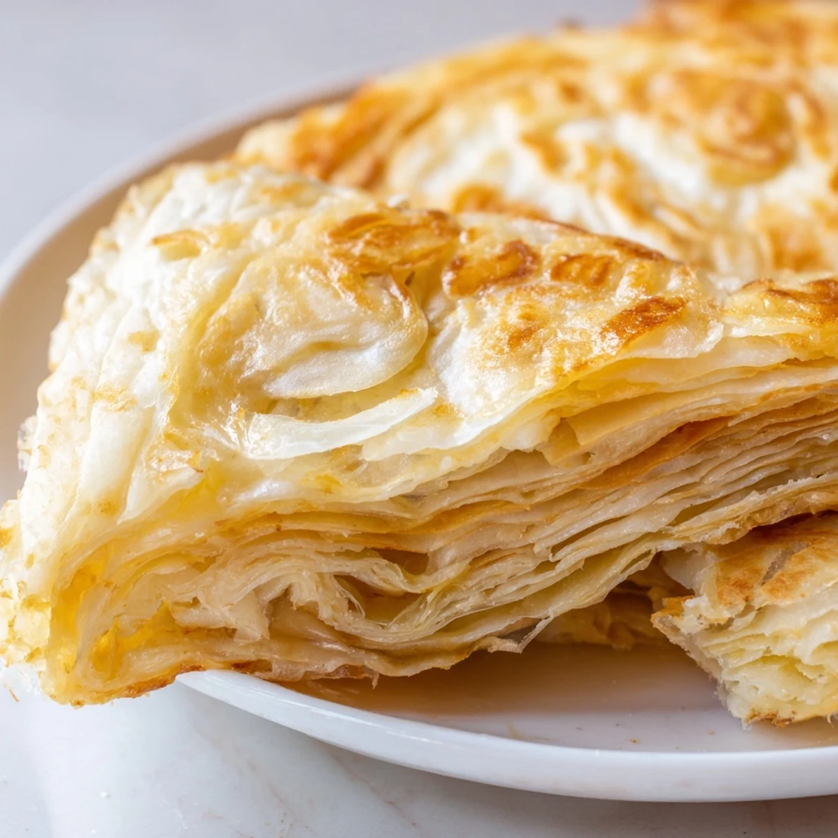 Golden flaky Roti Canai flatbread with crispy layered texture served on white plate