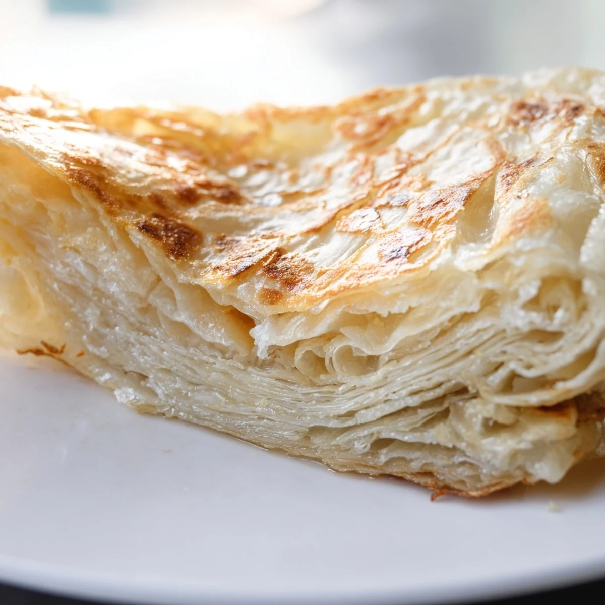 Stack of warm Roti Canai bread revealing tender flaky layers with crispy exterior