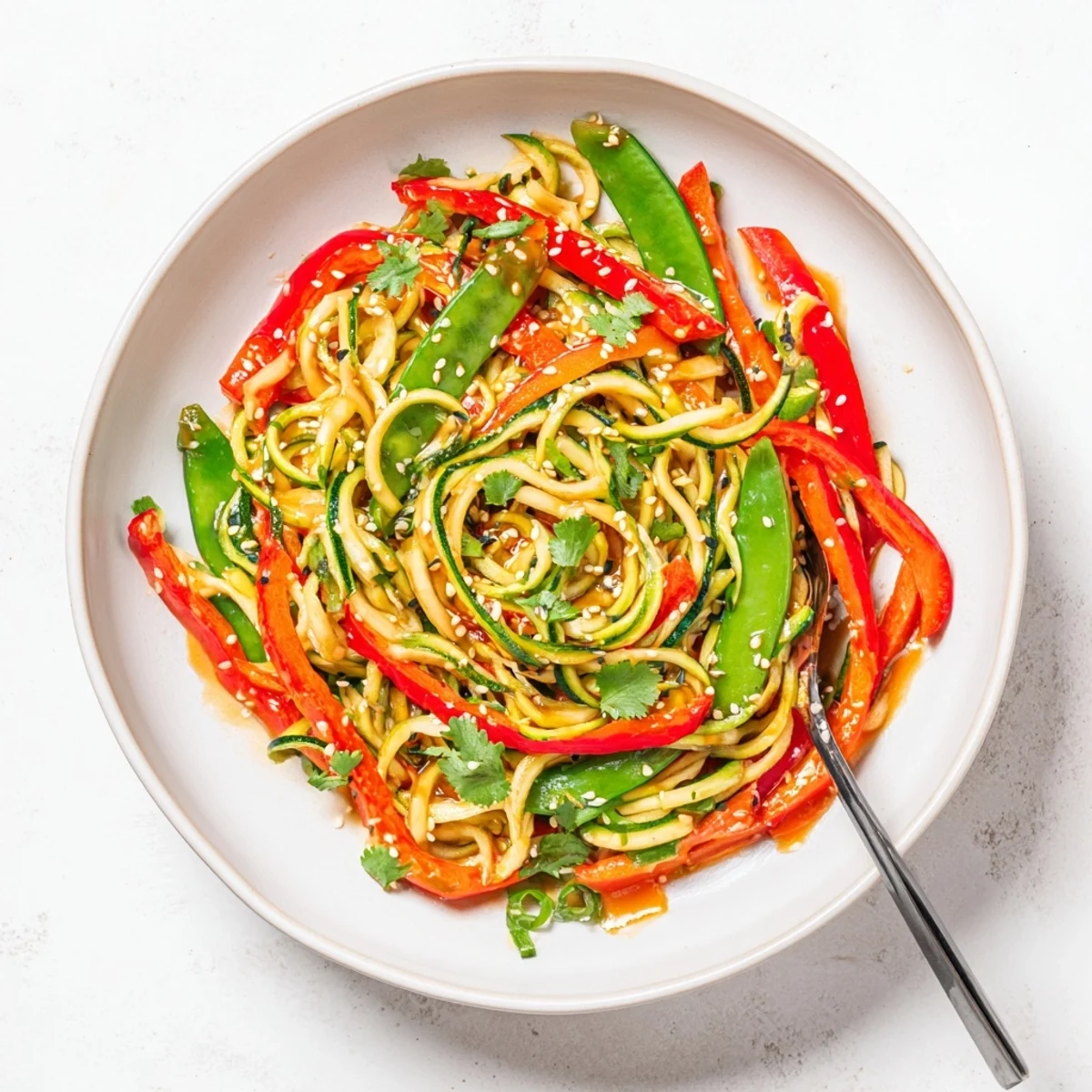 Golden zucchini noodles coated in glossy homemade teriyaki sauce with colorful crisp vegetables