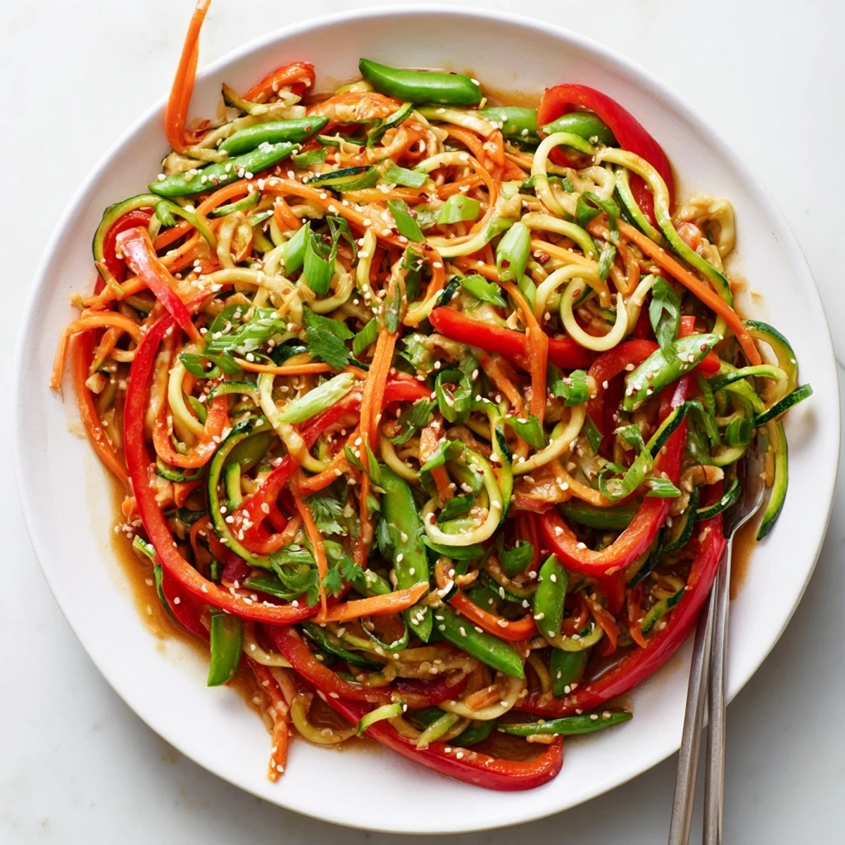 Savory teriyaki zucchini noodles stir-fried with bell peppers snap peas and sesame seed garnish