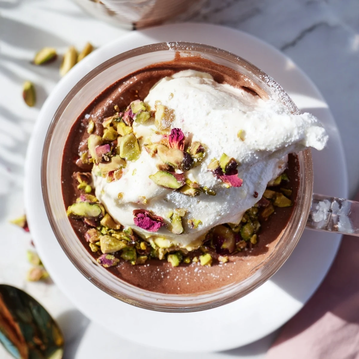 Decadent Dubai chocolate cup layered with creamy mousse, crunchy pistachios, and fragrant rosewater cream topping