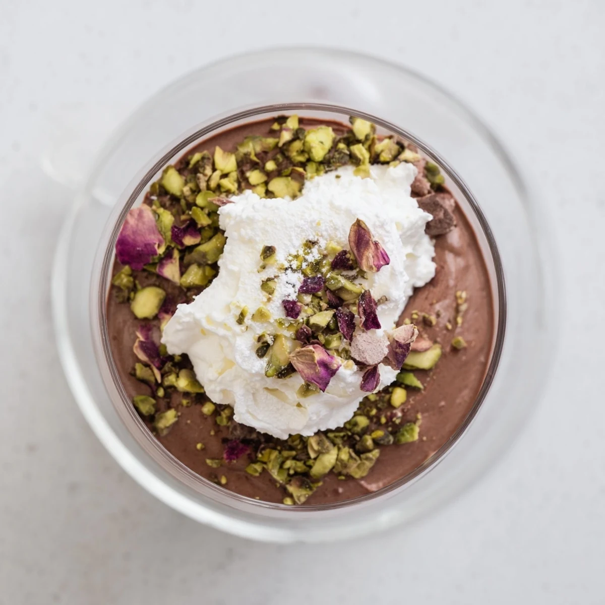 Rich Middle Eastern chocolate dessert cup featuring cardamom mousse with honey roasted pistachio crunch layers