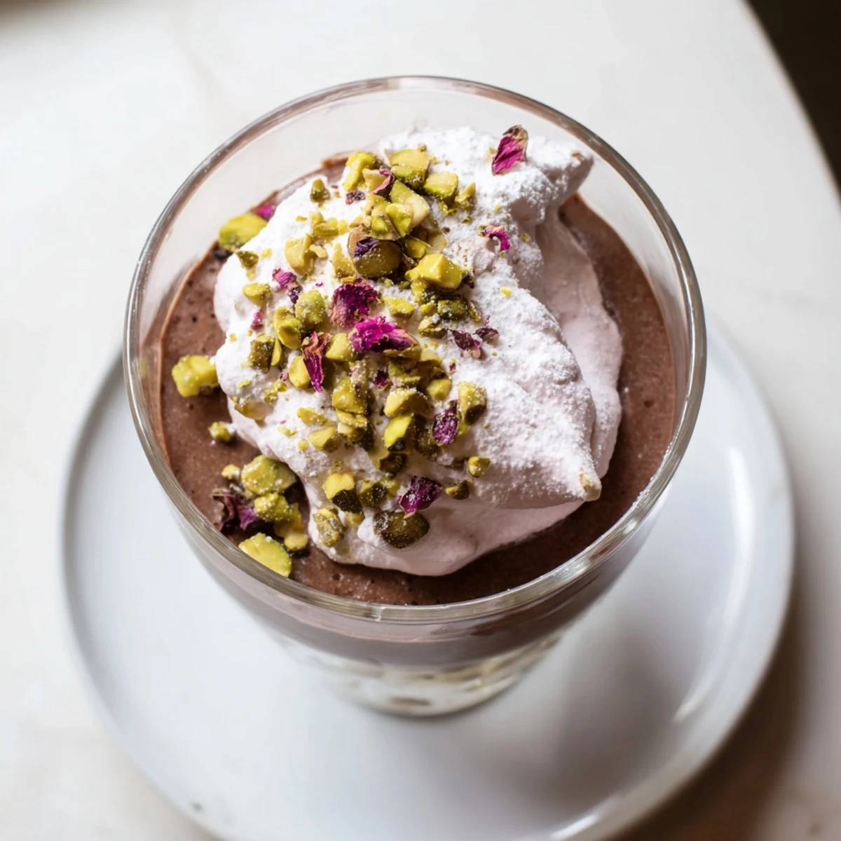 Luxurious individual chocolate cups garnished with whipped rosewater cream, chopped pistachios, and dried rose petals