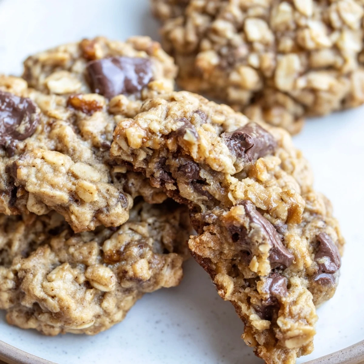 Golden brown butter Irish oat cookies stacked on a rustic wooden board with melty chocolate chips