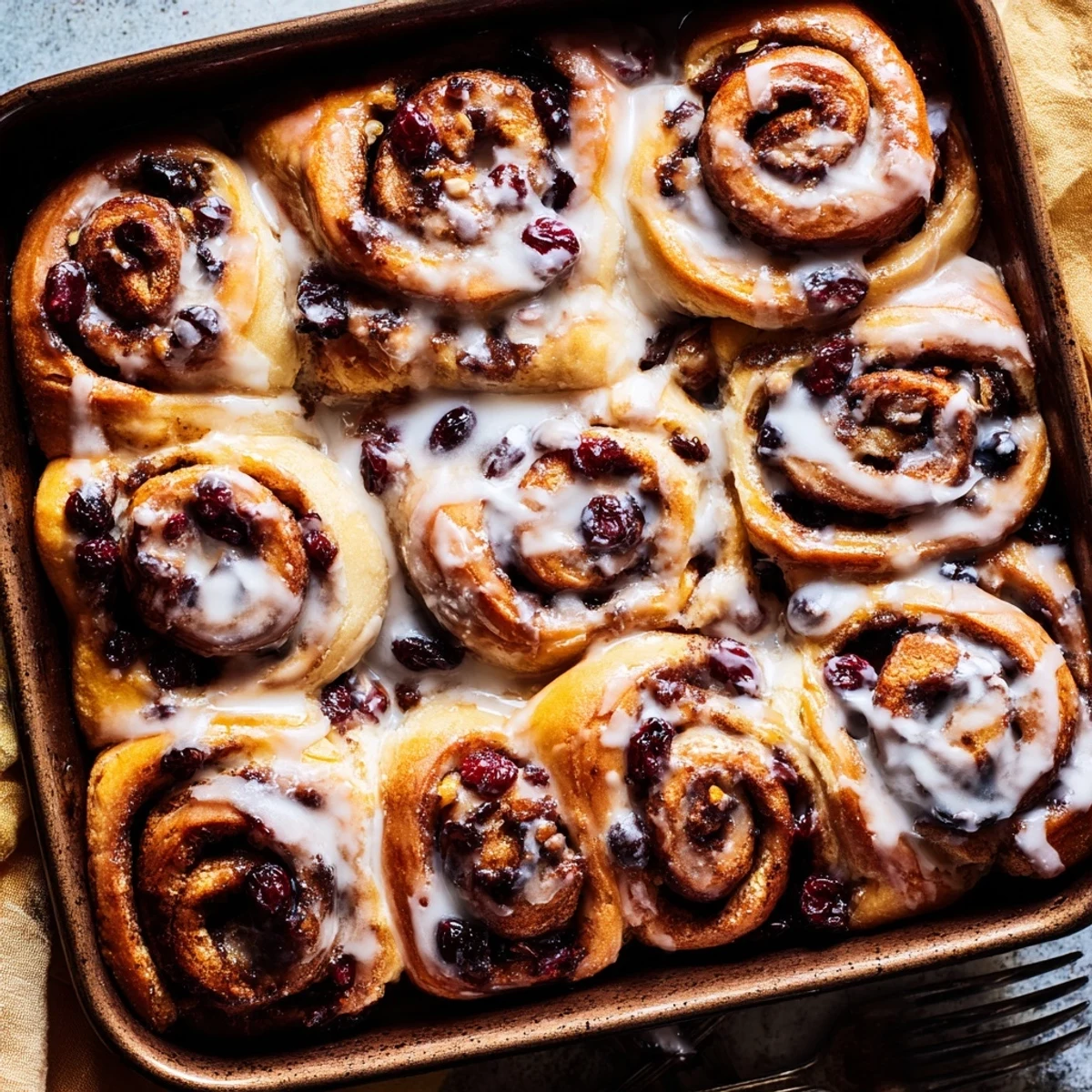 Golden cherry cinnamon rolls drizzled with white icing on a serving platter